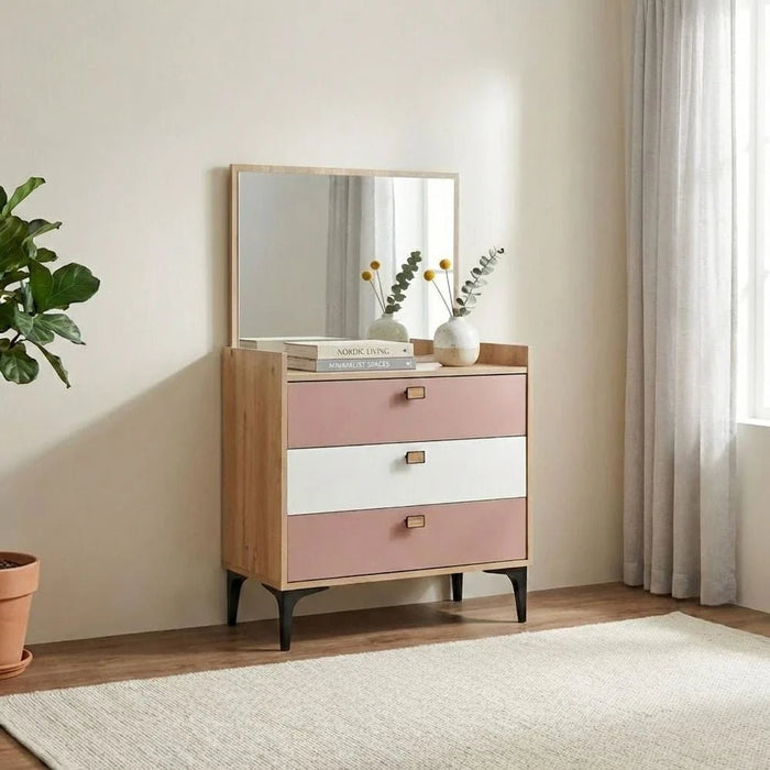 Bella 3Drawers Dresser With Mirror-Pink & Oak