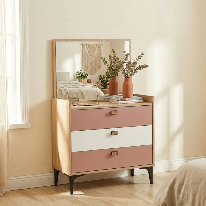Bella 3Drawers Dresser With Mirror-Pink & Oak