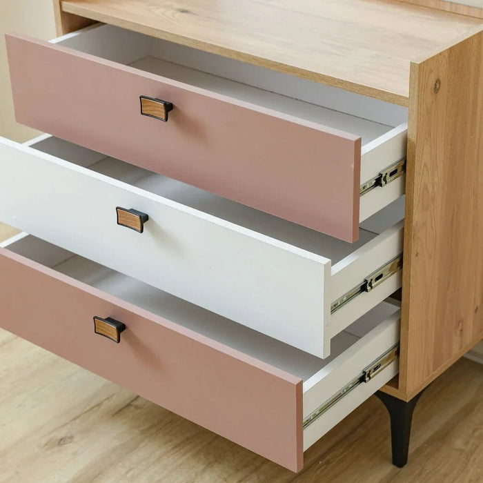 Bella 3Drawers Dresser With Mirror-Pink & Oak