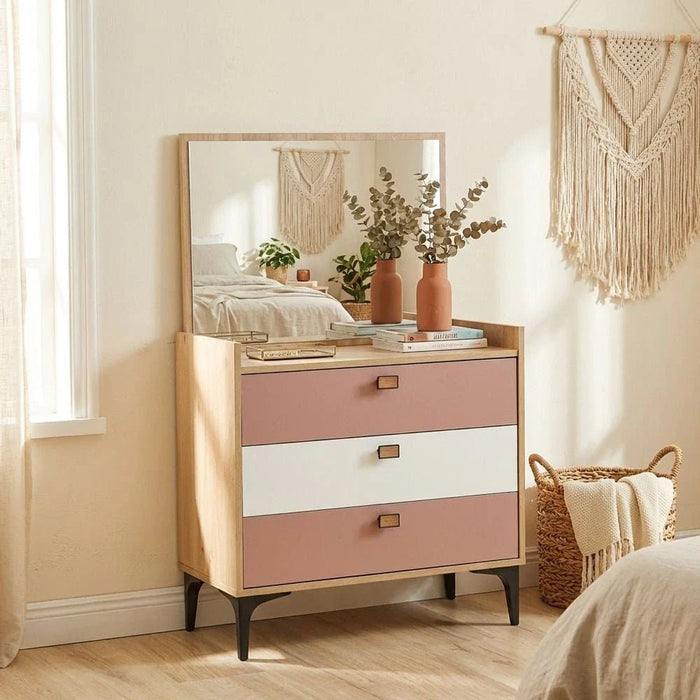 Bella 3Drawers Dresser With Mirror-Pink & Oak