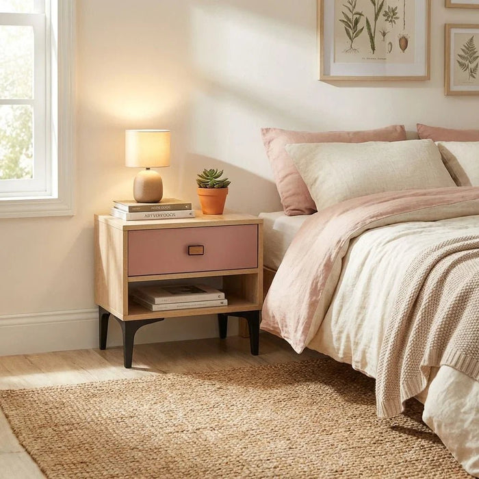 Bella 1-Drawer Nightstand - Pink & Oak - With 2-Year Warranty