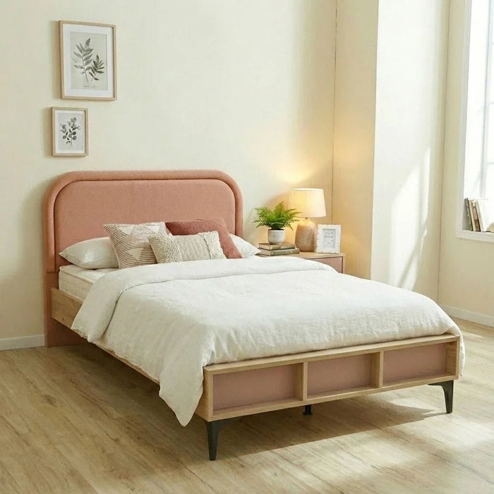 Bella 90X200 Bed W/Upholstered Headboard & Usb-Pink & Oak