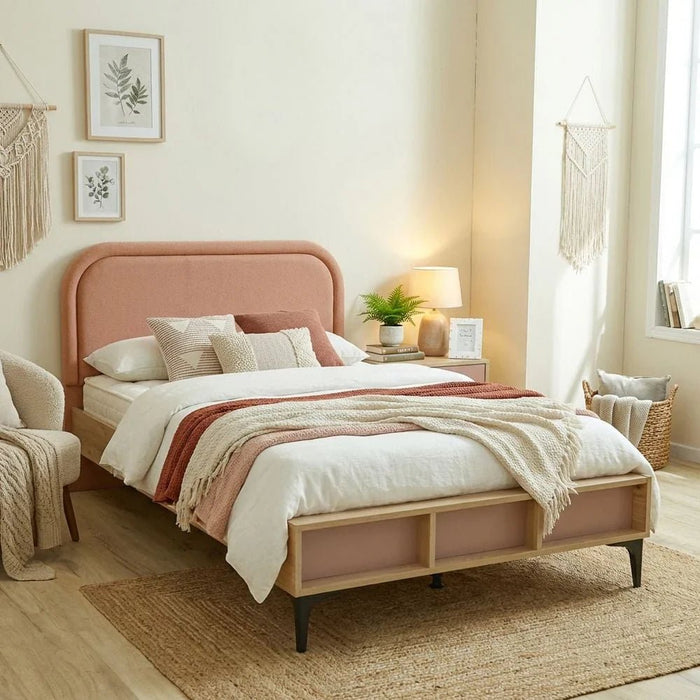 Bella 120X200 Bed W/Upholstered Headboard & Usb-Pink & Oak