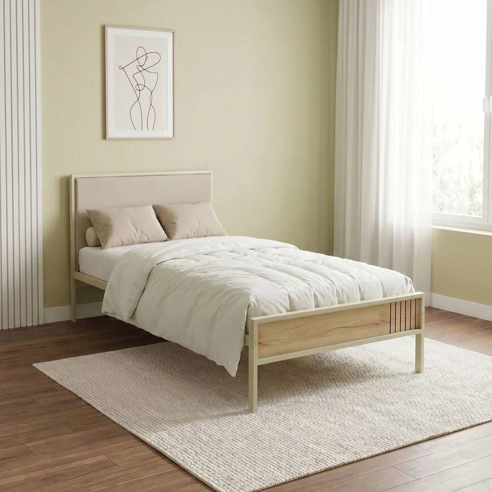 Bavaria 90x200 Metal Bed with Upholstered Headboard - Cream/Beige - With 2-Year Warranty