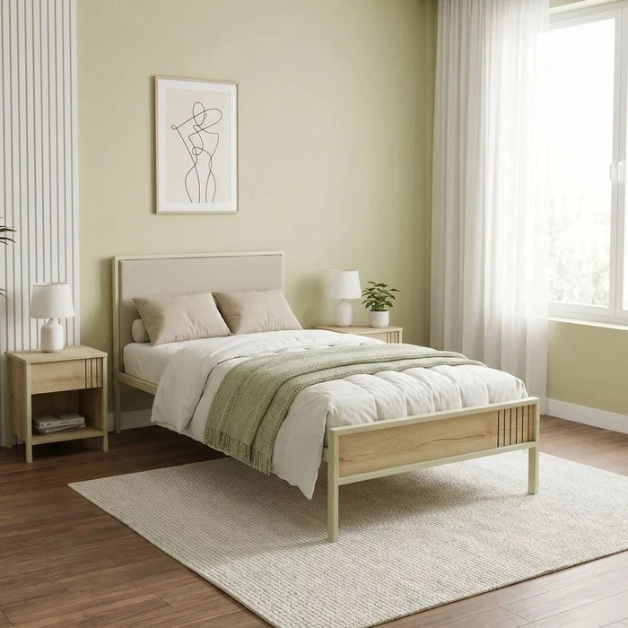 Bavaria 90x200 Metal Bed with Upholstered Headboard - Cream/Beige - With 2-Year Warranty