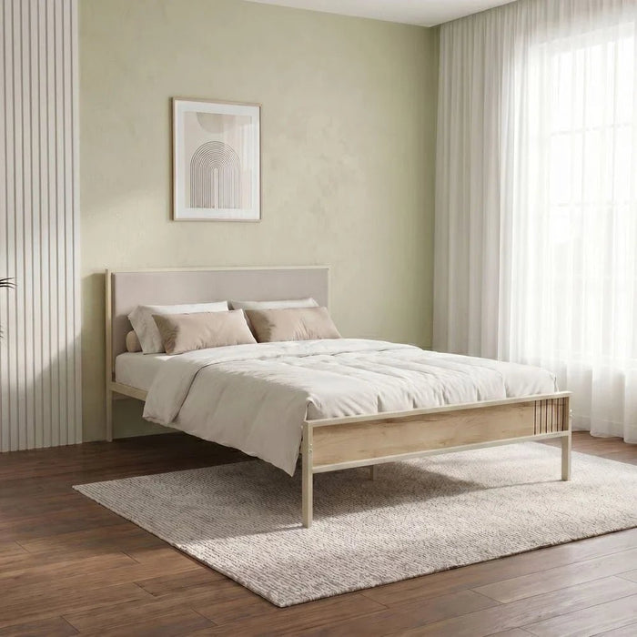 Bavaria 120x200 Metal Bed W/Upholstered Headboard-Cream/Beige