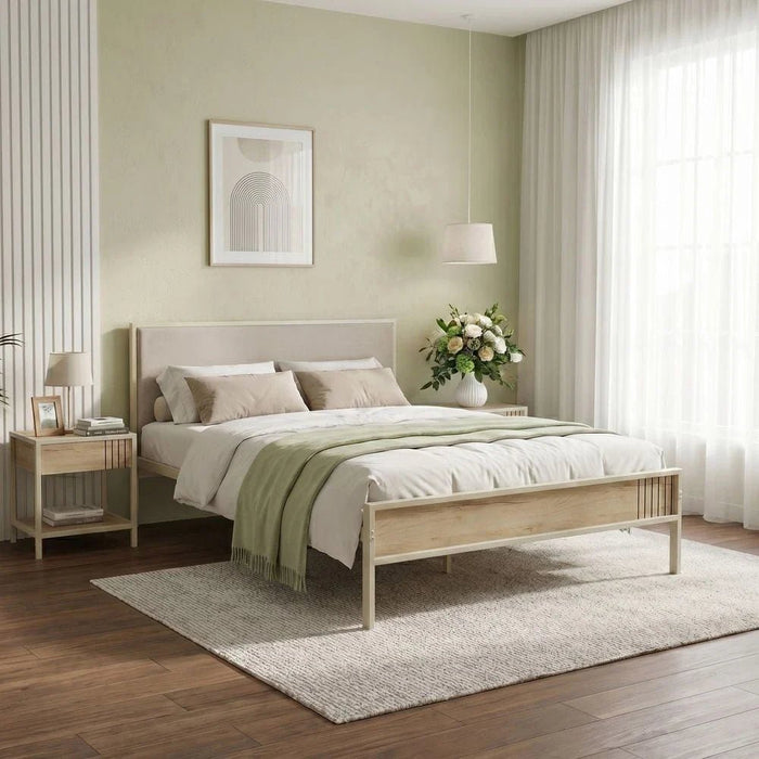 Bavaria 120x200 Metal Bed W/Upholstered Headboard-Cream/Beige