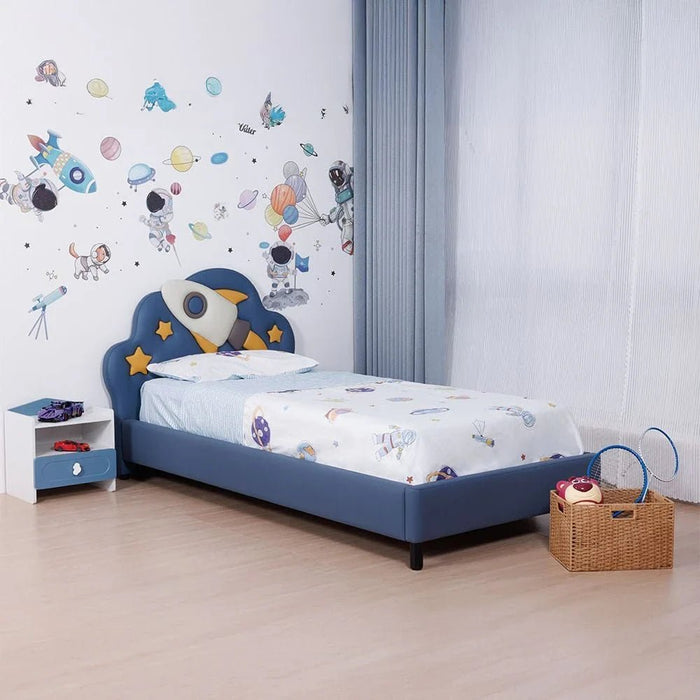 Space Rocket 90x200 Upholstered Kids Bed-Blue