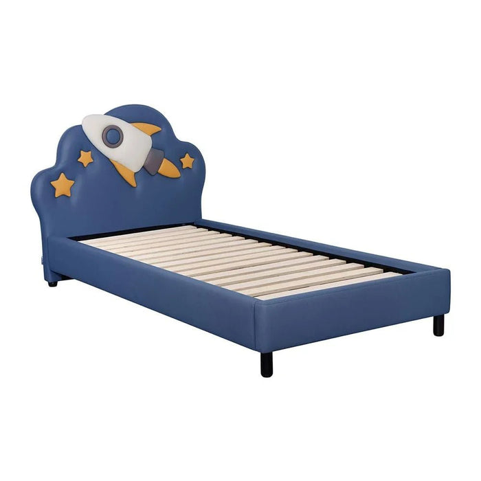 Space Rocket 90x200 Upholstered Kids Bed-Blue