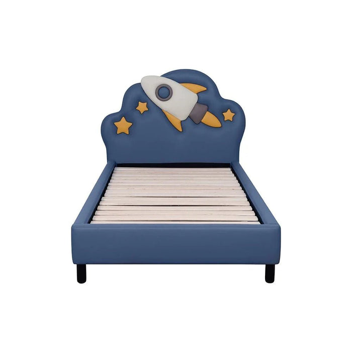 Space Rocket 90x200 Upholstered Kids Bed-Blue