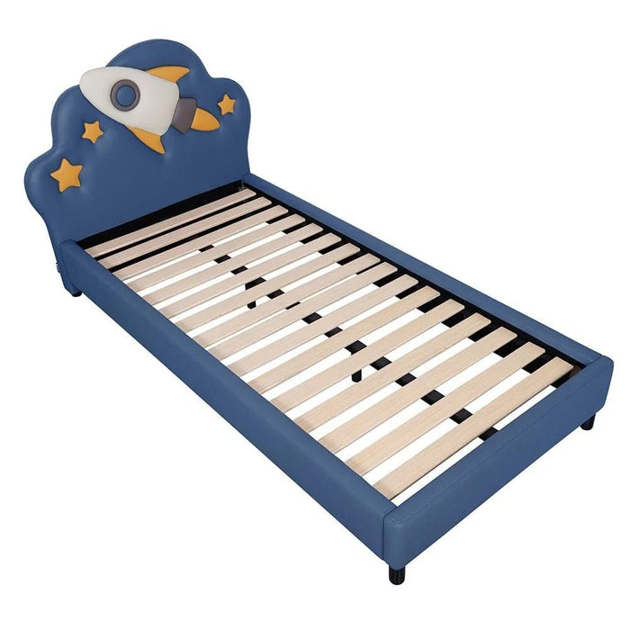 Space Rocket 90x200 Upholstered Kids Bed-Blue