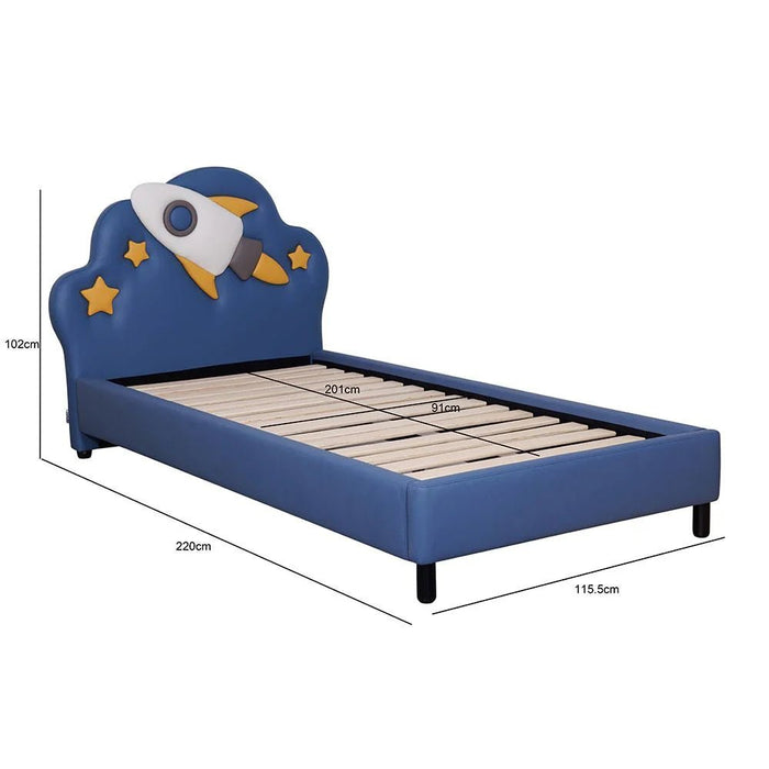 Space Rocket 90x200 Upholstered Kids Bed-Blue