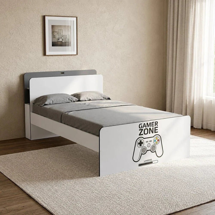 Gamerzone 120x200 Kids Bed with Headboard Storage & USB - White/Grey (Trundle Bed Sold Separately) - With 2-Year Warranty