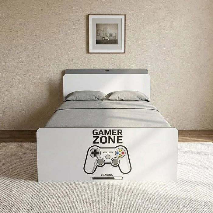 Gamerzone 120x200 Kids Bed with Headboard Storage & USB - White/Grey (Trundle Bed Sold Separately) - With 2-Year Warranty