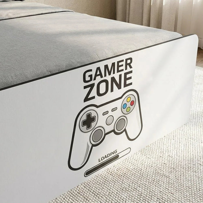 Gamerzone 120x200 Kids Bed with Headboard Storage & USB - White/Grey (Trundle Bed Sold Separately) - With 2-Year Warranty