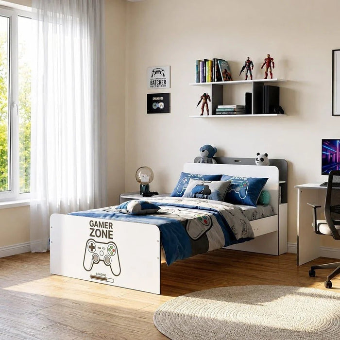 Gamerzone 120x200 Kids Bed with Headboard Storage & USB - White/Grey (Trundle Bed Sold Separately) - With 2-Year Warranty