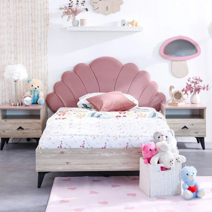 Bliss 120x200 Upholstered Bed with USB - Oak & Pink - With 5-Year Warranty