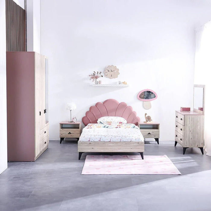 Bliss 120x200 Upholstered Bed with USB - Oak & Pink - With 5-Year Warranty