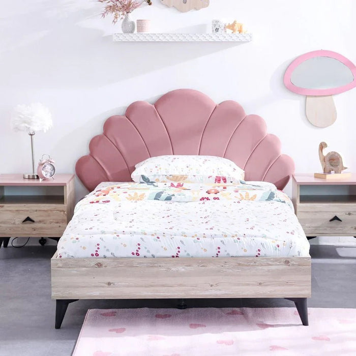 Bliss 120x200 Upholstered Bed with USB - Oak & Pink - With 5-Year Warranty