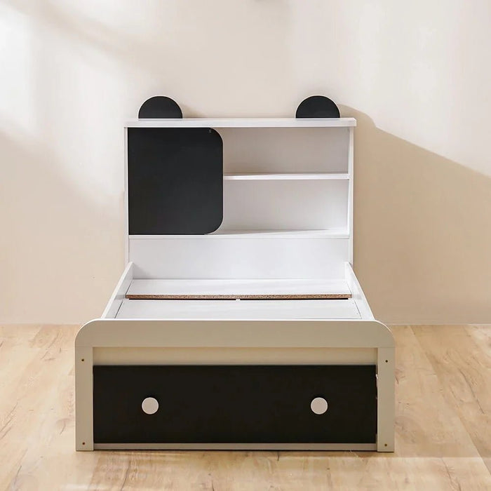 Panda 90x190 Single Bed with Headboard Storage & Front Drawer Storage-White/Black-With 2-Year Warranty