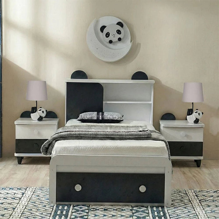 Panda 90x190 Single Bed with Headboard Storage & Front Drawer Storage-White/Black-With 2-Year Warranty