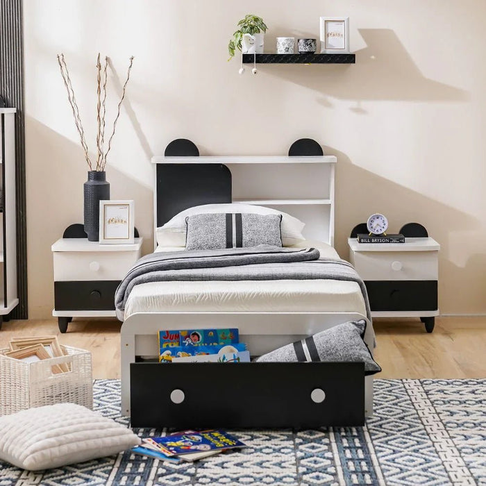 Panda 90x190 Single Bed with Headboard Storage & Front Drawer Storage-White/Black-With 2-Year Warranty