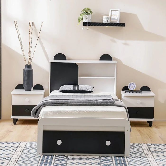 Panda 90x190 Single Bed with Headboard Storage & Front Drawer Storage-White/Black-With 2-Year Warranty