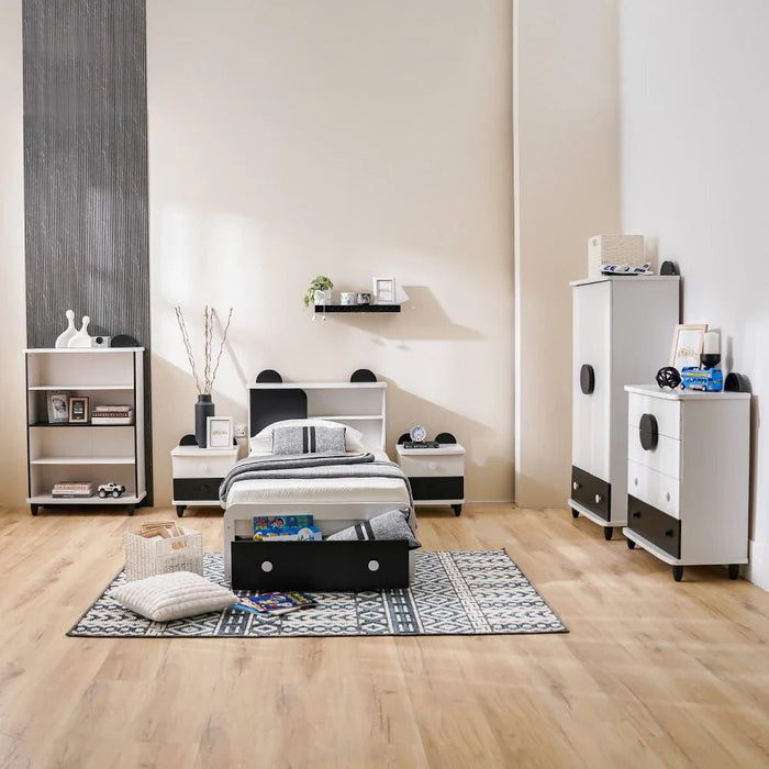 Panda 90x190 Single Bed with Headboard Storage & Front Drawer Storage-White/Black-With 2-Year Warranty
