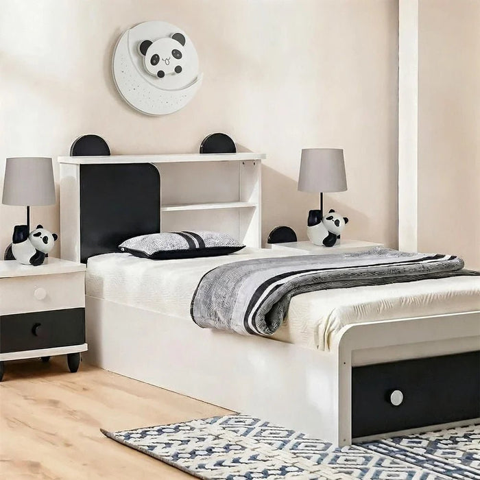 Panda 90x190 Single Bed with Headboard Storage & Front Drawer Storage-White/Black-With 2-Year Warranty
