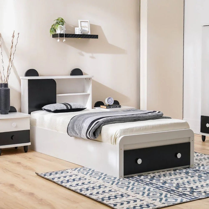 Panda 90x190 Single Bed with Headboard Storage & Front Drawer Storage-White/Black-With 2-Year Warranty