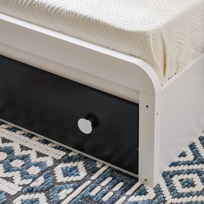 Panda 90x190 Single Bed with Headboard Storage & Front Drawer Storage-White/Black-With 2-Year Warranty