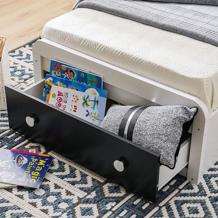 Panda 90x190 Single Bed with Headboard Storage & Front Drawer Storage-White/Black-With 2-Year Warranty