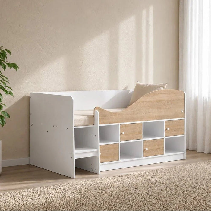 Kinder 90x190 Cabin Bed with Storage-White & Sonoma Oak-With 2-Year Warranty