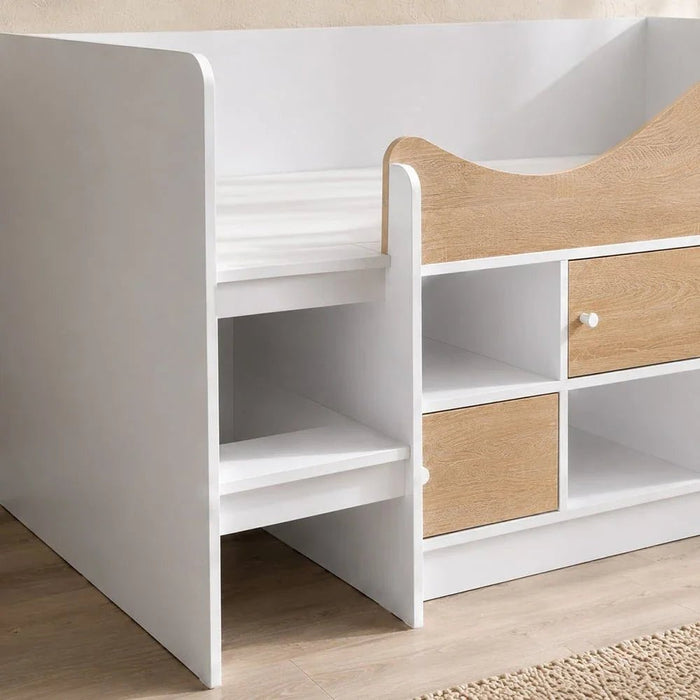 Kinder 90x190 Cabin Bed with Storage-White & Sonoma Oak-With 2-Year Warranty