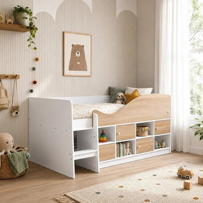 Kinder 90x190 Cabin Bed with Storage-White & Sonoma Oak-With 2-Year Warranty