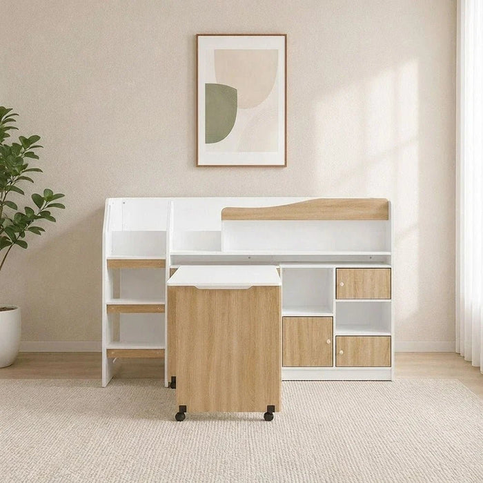 Kinder 90x190 Mid Sleeper Bed with Study Desk & Storage-White & Sonoma Oak-With 2-Year Warranty