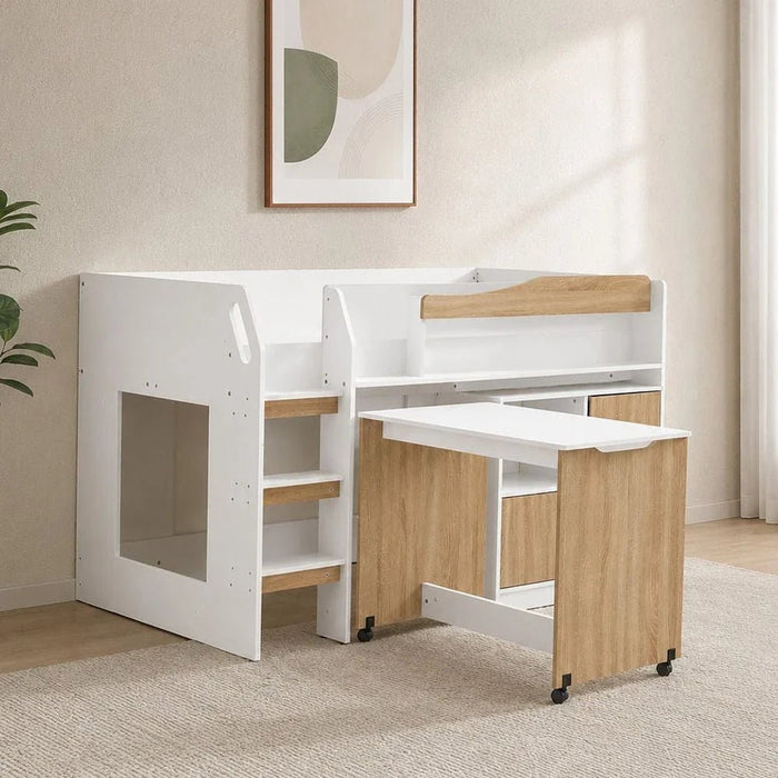 Kinder 90x190 Mid Sleeper Bed with Study Desk & Storage-White & Sonoma Oak-With 2-Year Warranty