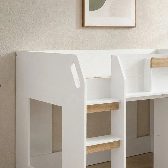Kinder 90x190 Mid Sleeper Bed with Study Desk & Storage-White & Sonoma Oak-With 2-Year Warranty