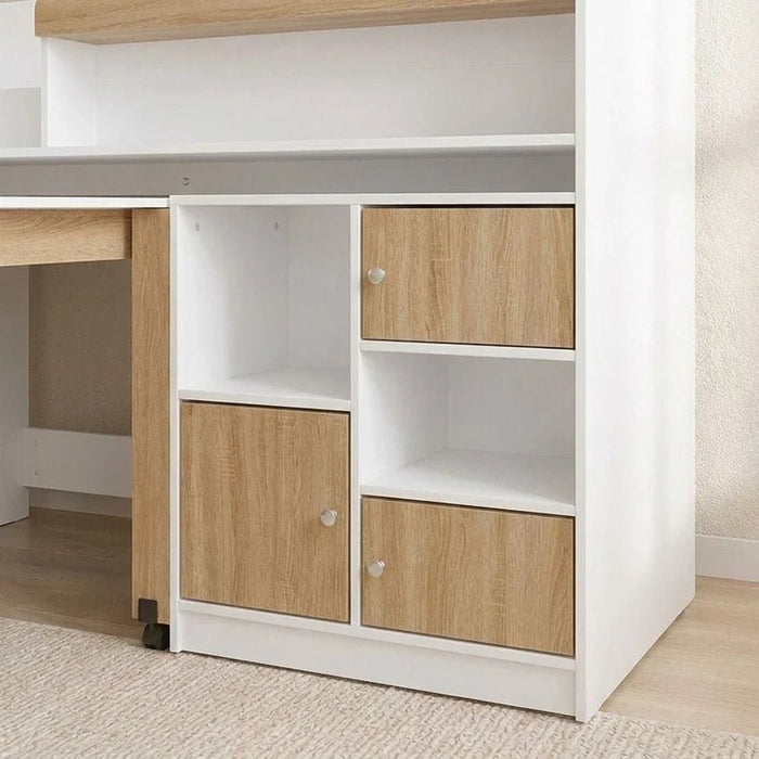 Kinder 90x190 Mid Sleeper Bed with Study Desk & Storage-White & Sonoma Oak-With 2-Year Warranty