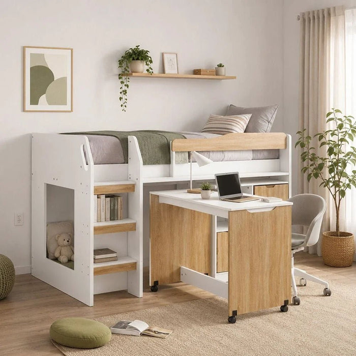 Kinder 90x190 Mid Sleeper Bed with Study Desk & Storage-White & Sonoma Oak-With 2-Year Warranty