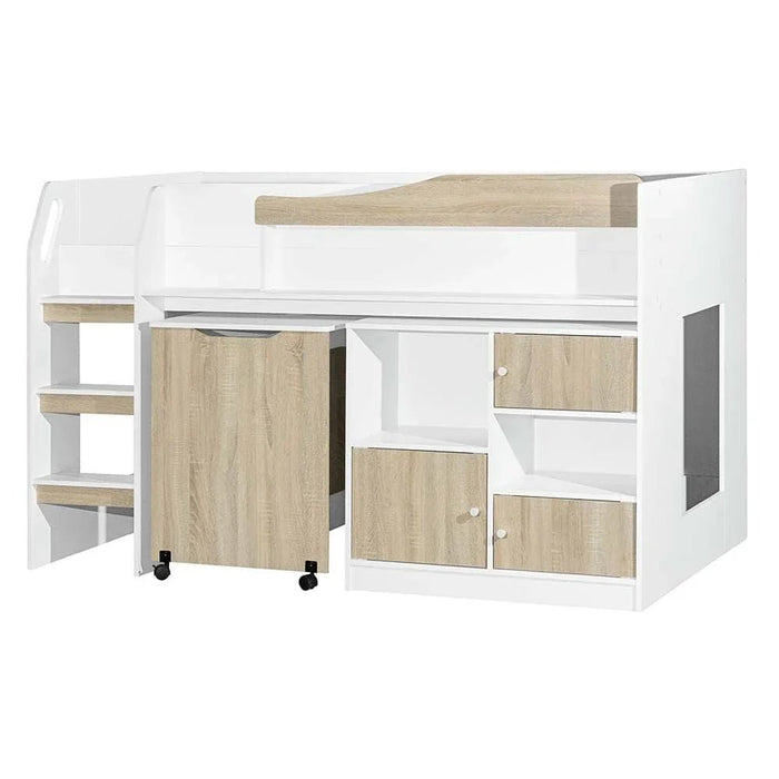 Kinder 90x190 Mid Sleeper Bed with Study Desk & Storage-White & Sonoma Oak-With 2-Year Warranty