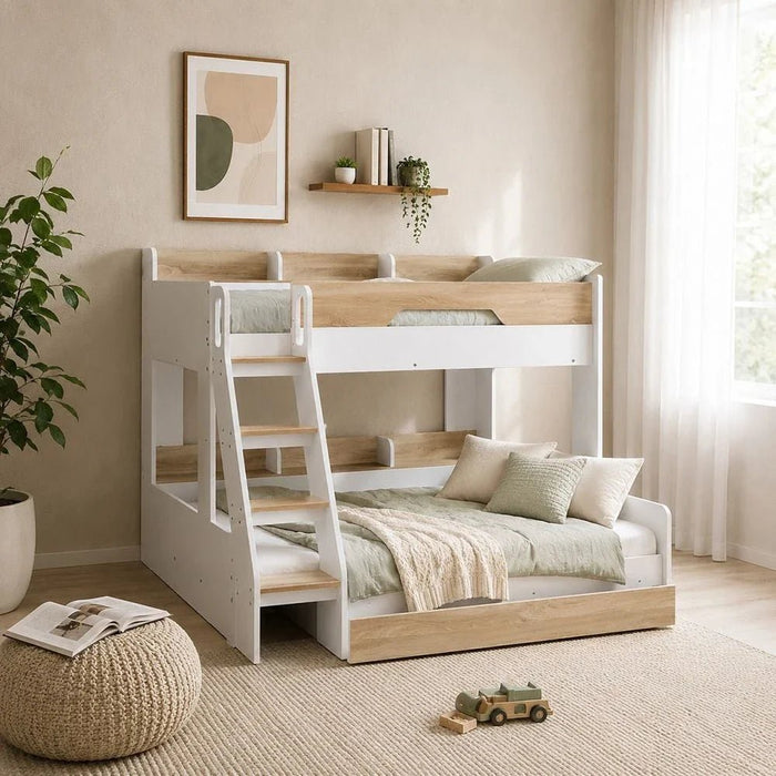 Kinder 90/120x200 Dual Size KidsÕ Bunk Bed with Drawer Storage-White & Sonoma Oak-With 2-Year Warranty