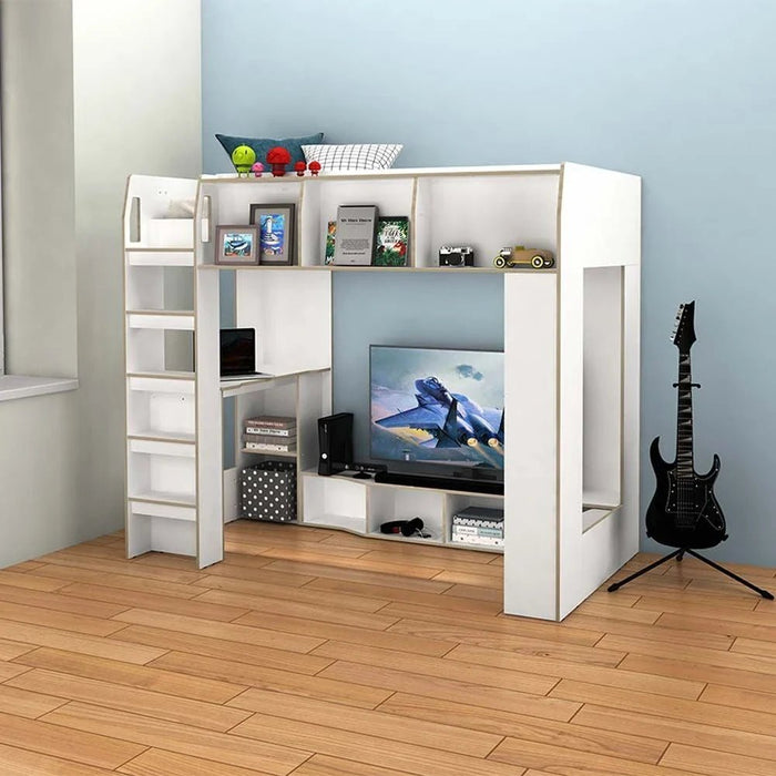 Kinder 90x190 Loft Bunk Bed with Study Desk & Storage-White & Sonoma Oak-With 2-Year Warranty