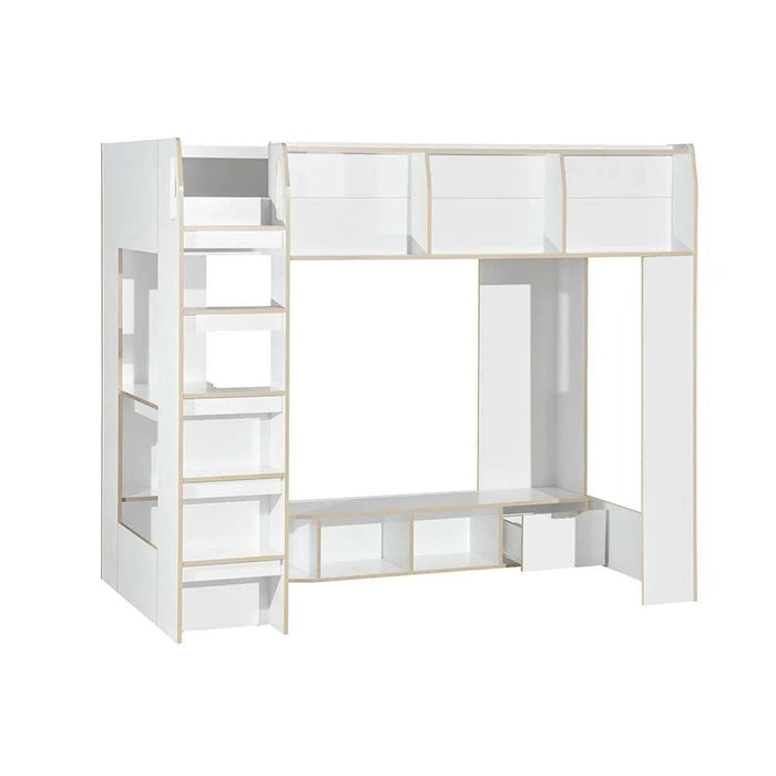 Kinder 90x190 Loft Bunk Bed with Study Desk & Storage-White & Sonoma Oak-With 2-Year Warranty