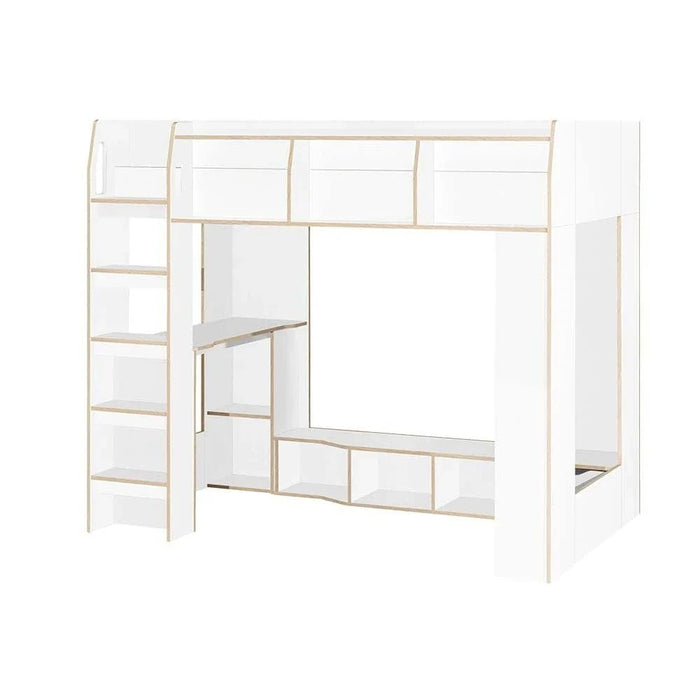 Kinder 90x190 Loft Bunk Bed with Study Desk & Storage-White & Sonoma Oak-With 2-Year Warranty
