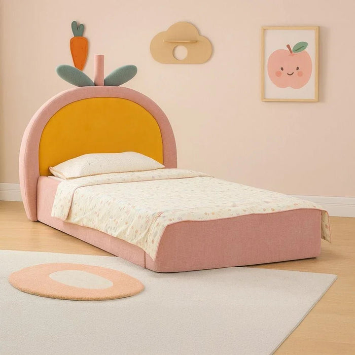 Tasty Strawberry 90x200 Upholstered Kids Bed - Blush Pink & Yellow - With 2-Year Warranty