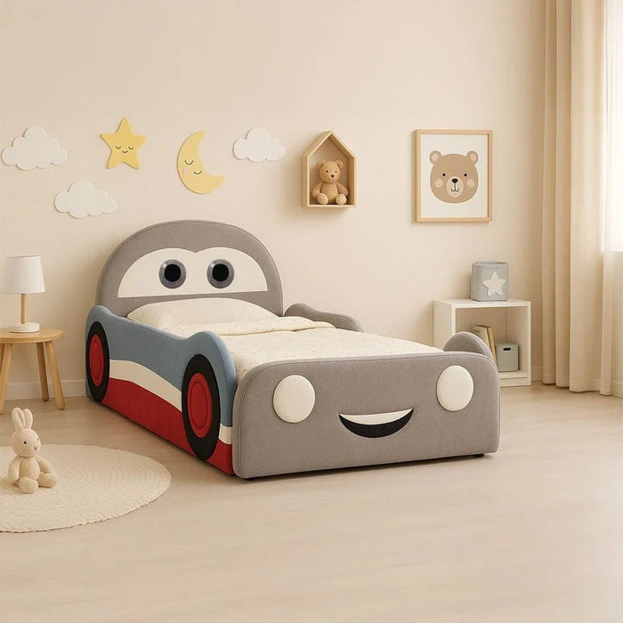 McQueen Car 90x200 Upholstered Kids Bed-Light Grey & Blue/Red