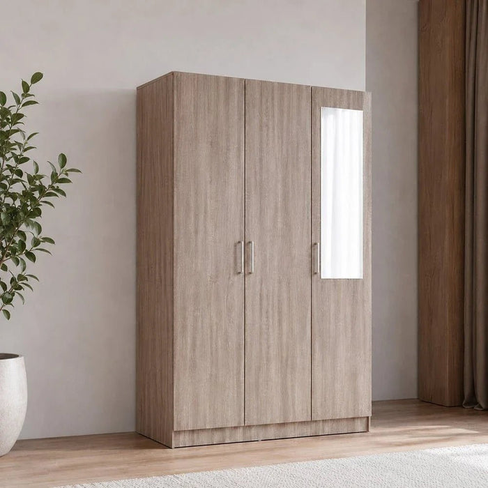 Supreme 3-Door Wardrobe with Mirror-French Sonoma Oak-With 2-Year Warranty