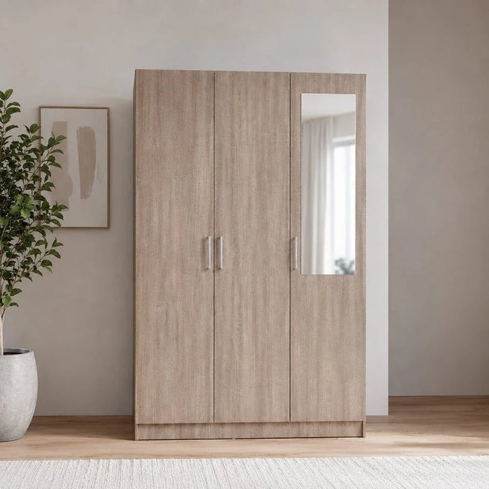 Supreme 3-Door Wardrobe with Mirror-French Sonoma Oak-With 2-Year Warranty