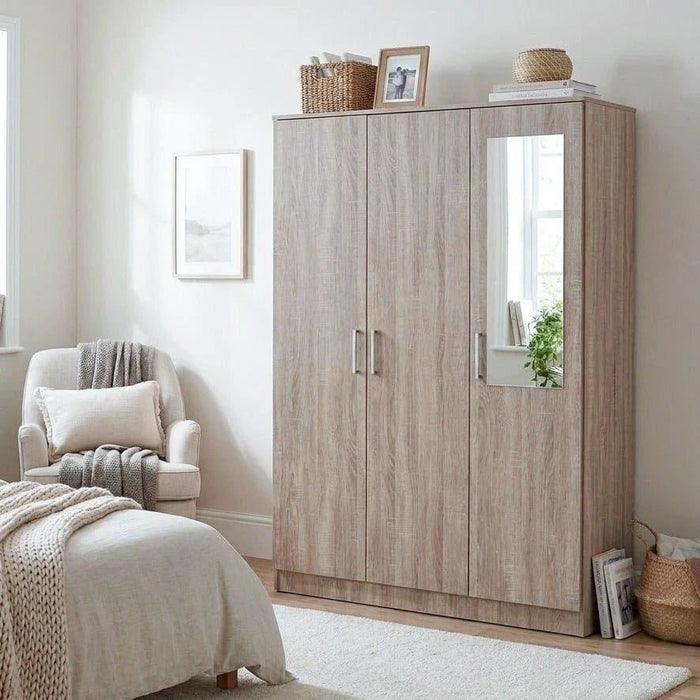 Supreme 3-Door Wardrobe with Mirror-French Sonoma Oak-With 2-Year Warranty